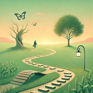 Puede incluir: Una pintura de paisaje serena que presenta un camino sinuoso con piedras. Una persona camina por el camino, llevando una bolsa y un bastón. Mariposas revolotean cerca de un árbol desnudo. También se ve un árbol con una copa completa y una farola.