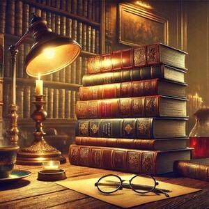 May include: A library interior featuring a stack of old books, a lit lamp, and a cup of tea. The books have decorative covers in red, brown, and gold. A pair of spectacles sits on a paper, and a small candle burns nearby.