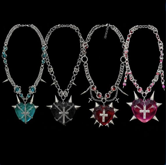Gothic Spike Resin Heart Chainmail Necklace, Handmade Industrial 
