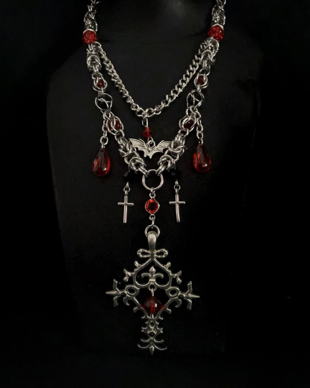 Vampire Blood Gothic Cross Layered Necklace – Handmade Chainmail Choker ...