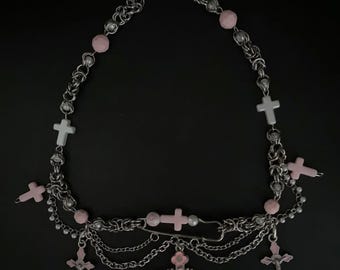 Pastel Pink Gothic Chainmail Choker with Cross Charms & Layered Chains