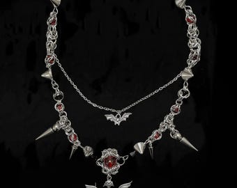Gothic Spiked Choker Necklace, Handmade Vampire Bat Wing Red Heart Statement Jewelry, Dark Halloween Fashion, Goth Gift for Her Style