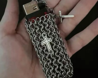 Handmade Chainmail Lighter Case with Cross Charms – Gothic Punk Keychain Accessory