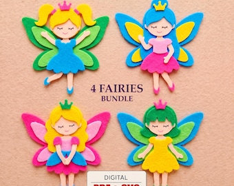 May include: Four felt-style fairy cutouts with crowns and wings. Text reads: NO SEWING PATTERN, 4 FAIRIES BUNDLE, DIGITAL PDF & SVG ENGLISH. The fairies feature yellow, blue, pink, and green hair and dresses with colorful layered wings.