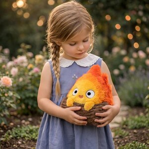 Puede incluir: Un peluche con forma de llama con pelaje amarillo y naranja brillante, grandes ojos blancos con pupilas negras y una pequeña sonrisa. La llama se asienta dentro de una base texturizada de color marrón, similar a un tronco, hecha de material suave.