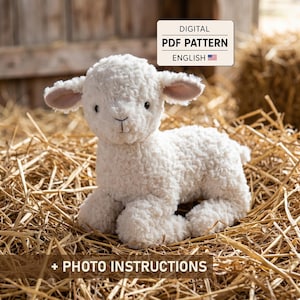 May include: A white plush lamb toy with curly fur, dark eyes, and pink-lined ears. A rectangular label above the lamb reads DIGITAL PDF PATTERN ENGLISH with a US flag icon. Below the lamb, text reads + PHOTO INSTRUCTIONS.