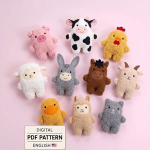 May include: A collection of ten plush animal toys including a pink pig, black and white cow, yellow chicken, white sheep, grey donkey, brown horse, tan goat, yellow duck, tan llama, and grey cat. A label reads DIGITAL PDF PATTERN ENGLISH.