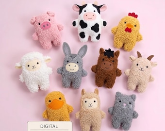May include: A collection of ten plush animal toys including a pink pig, black and white cow, yellow chicken, white sheep, gray donkey, brown horse, tan goat, yellow duck, tan llama, and gray cat. A label reads DIGITAL PDF PATTERN ENGLISH.