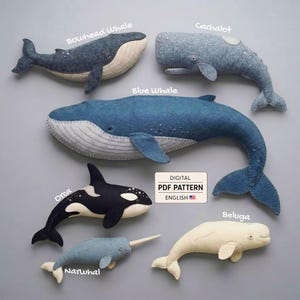 6 Felt Whale Collection Sewing Pattern: Cachalot, Orca, Narwhal, Beluga, Bowhead