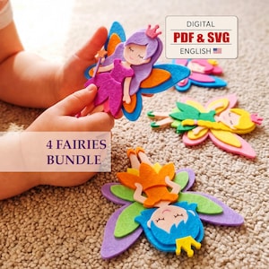 May include: A 4 Fairies Bundle digital PDF and SVG file set featuring colorful felt-style fairy cutouts. The designs include fairies with purple, blue, yellow, and orange hair, wearing dresses in matching colors with wings and crowns.