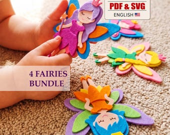 May include: A 4 Fairies Bundle digital PDF and SVG file set featuring colorful felt-style fairy cutouts. The designs include fairies with purple, blue, yellow, and orange hair, wearing dresses in matching colors with wings and crowns.
