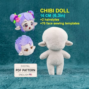 May include: A 16 cm chibi doll digital PDF pattern in English. Includes two hairstyles and 70 face sewing templates. The image shows two plush doll heads with purple hair and one blank white plush doll body.