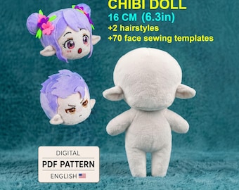 May include: A 16 cm (6.3 in) chibi doll digital PDF pattern in English. Includes two hairstyles and 70 face sewing templates. The image shows two plush doll heads with purple hair and one blank white plush doll body.