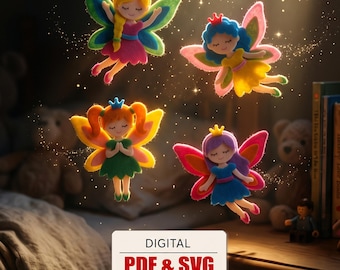 May include: Four felt-style fairy figures with colorful wings and crowns, each featuring distinct hair colors and dresses. The image includes a white rectangular label with the text DIGITAL PDF & SVG ENGLISH and a small American flag icon.