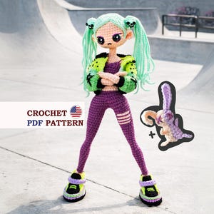May include: A crocheted doll with mint green pigtails, wearing a purple outfit with a green and black jacket, and sneakers. A crocheted bunny is also included. The text "CROCHET PDF PATTERN" is displayed.