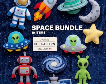 May include: A digital PDF pattern bundle featuring 10 felt space-themed items: an astronaut, rocket, planet, moon, two UFOs, star, robot, galaxy, and satellite. The text reads SPACE BUNDLE 10 ITEMS DIGITAL PDF PATTERN ENGLISH with a US flag icon.