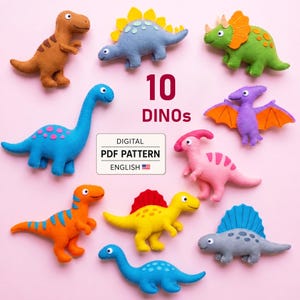 10 Felt Sewing Patterns: Dinosaurus, Stuffed Dino Nursery Mobile Toys (PDF Download)