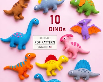 10 Felt Sewing Patterns: Dinosaurus, Stuffed Dino Nursery Mobile Toys (PDF Download)