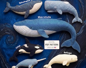 6 Felt Whale Collection Sewing Pattern: Cachalot, Orca, Narwhal, Beluga, Bowhead