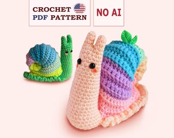 May include: Two crocheted snail toys. One is green with a rainbow shell, the other is peach with a rainbow shell and a green leaf. The text "CROCHET PDF PATTERN" and "NO AI" are in the top corners.