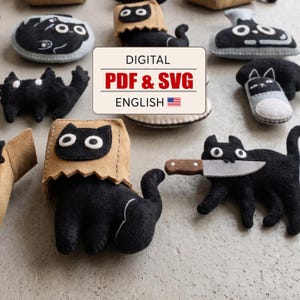 12 Black Cats Sewing Pattern PDF SVG, Felt Plushie Tutorial, Funny Magnets Keychains, Cat