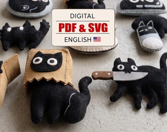 12 Black Cats Sewing Pattern PDF SVG, Felt Plushie Tutorial, Funny Magnets Keychains, Cat