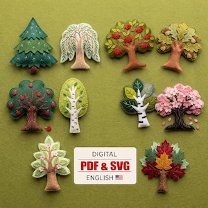 10 patrones de costura de árboles de fieltro en formato PDF y SVG para decoración de pared de guardería con temática de bosque (descargable)