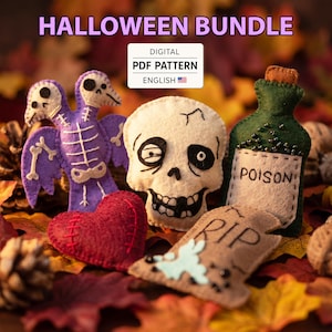 May include: A digital PDF pattern for Halloween-themed felt crafts, featuring a purple two-headed skeleton bird, a white skull, a green poison bottle with black beads, a red heart with stitches, and a tan tombstone with the text RIP.
