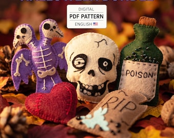 May include: A digital PDF pattern for Halloween-themed felt crafts, featuring a purple two-headed skeleton bird, a white skull, a green poison bottle with black beads, a red heart with stitches, and a tan tombstone with the text RIP.