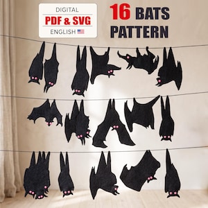 Puede incluir: Un patrón digital para 16 murciélagos en formatos PDF y SVG. La imagen muestra 16 formas de murciélagos negros con pequeños ojos rosas, colgados de tres líneas horizontales negras. El texto dice 16 BATS PATTERN, DIGITAL PDF & SVG, ENGLISH.