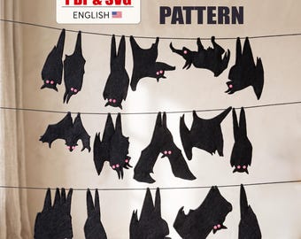 May include: A digital pattern for 16 bats in PDF and SVG formats. The image displays 16 black bat shapes with small pink eyes, hanging from three horizontal black lines. The text reads 16 BATS PATTERN, DIGITAL PDF & SVG, and ENGLISH.