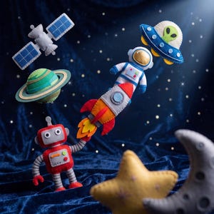 May include: A collection of felt space-themed ornaments including a grey satellite, a green and blue planet, a red robot, a multi-colored rocket, an astronaut in a white suit, a blue UFO with an alien, a yellow star, and a grey crescent moon.