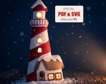 May include: A felt lighthouse craft with red and white diagonal stripes, illuminated windows, and a small attached house covered in snow. A rectangular sign displays the text DIGITAL PDF & SVG ENGLISH with a small United States flag icon.