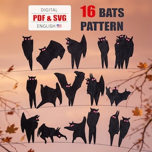 May include: A digital pattern for 16 bats in PDF and SVG formats, featuring black felt bat shapes with small pink eyes. The bats are displayed in various poses, hanging from thin horizontal lines against a soft, warm-toned background.