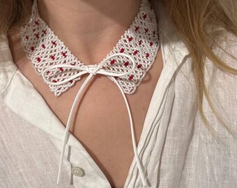 White Beaded Choker with Red Hearts – Handmade Romantic Bead Necklace, Adjustable Tie Choker