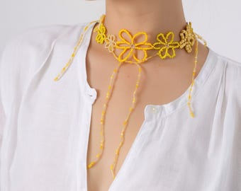 Yellow Beaded Flower Choker, Handmade Glass Seed Bead Floral Tie Necklace