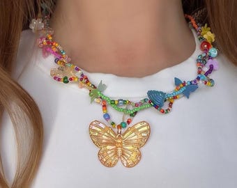 Colorful beaded Necklace, Rainbow Beads, Y2K Cottagecore Jewelry, Beaded choker