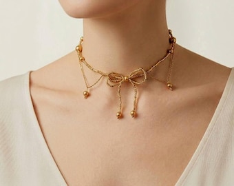 Handmade Gold Beaded Bow Necklace – Elegant Glass Bead Jewelry with Pearls, Romantic Statement Necklace