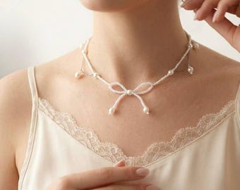 Handmade White Beaded Bow Necklace – Elegant Pearl Style Glass Bead Jewelry, Romantic Choker Necklace