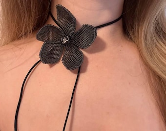 Handmade Black Beaded Flower Choker Necklace – Elegant Floral Jewelry, Adjustable Tie Necklace