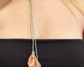 Handmade Peach Calla Lily Necklace: Seed Bead Botanical Jewelry