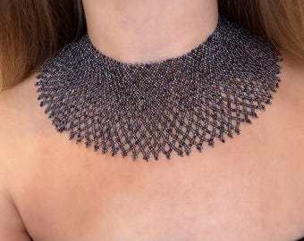 Handmade Beaded Collar Necklace: Dark Elegant Net Beadwork Choker