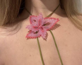 Pink Beaded Flower Choker Necklace