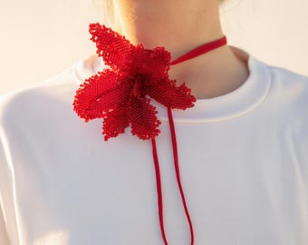 Red Beaded Orchid Flower Choker, 3D Lily Lariat Statement Necklace