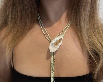 Handmade White Calla Lily Necklace: Seed Bead Botanical Jewelry