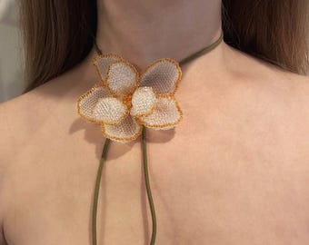 Handmade Beaded Flower Choker: Orange & White Glass Seed Beads