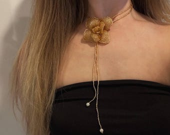 Handmade Beaded Rose Choker: Gold Glass Seed Beads, Pearl Accent