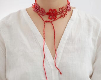 Red Beaded Flower Choker Necklace