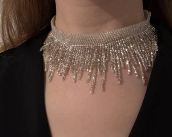 Handmade Silver Beaded Choker Necklace – Elegant Glass Bead Statement Jewelry