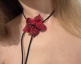 Red and Black Beaded Flower Choker Necklace